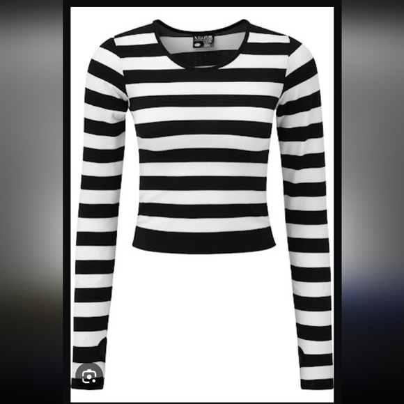 Killstar Tops - New Killstar Long Sleeve Cropped Black & White Striped Stretch Shirt, XS/S